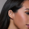 Close-up of a woman's ear with an earring against a neutral background