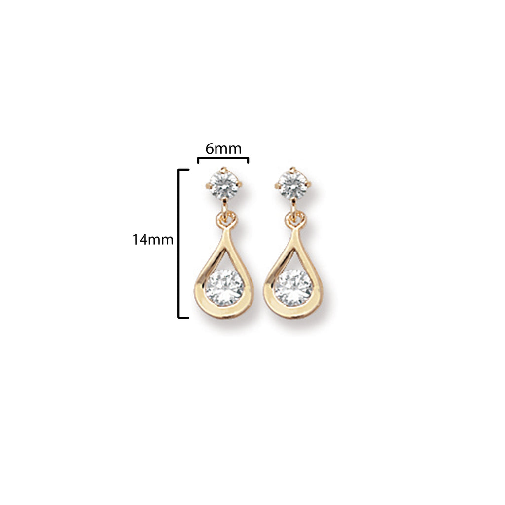 Gold teardrop earrings with clear gemstones on a white background