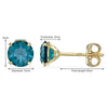 A pair of 9ct gold stud earrings with a blue topaz stone, December birthstone showing measurements