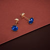 Gold earrings with blue gemstones on a red surface