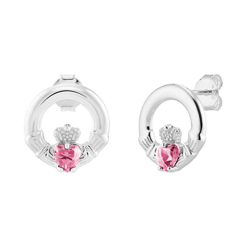 AEON Sterling Silver Claddagh Birthstone Earrings – Celtic Irish Jewelry, Pink Opal CZ Heart (October Birthstone)