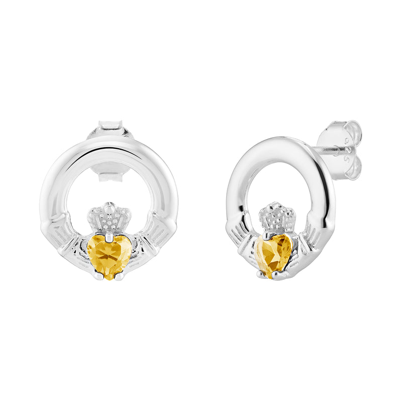 AEON Sterling Silver Claddagh Birthstone Earrings – Celtic Irish Jewelry, Golden Topaz CZ Heart (November Birthstone)