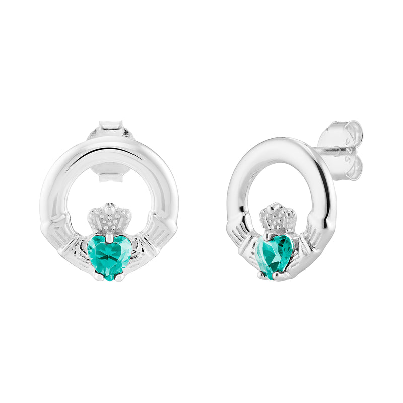 AEON Sterling Silver Claddagh Birthstone Earrings – Celtic Irish Jewelry, Turquoise Blue CZ Heart (December Birthstone)