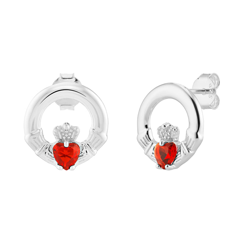 AEON Sterling Silver Claddagh Birthstone Earrings – Celtic Irish Jewelry, Ruby Red CZ Heart (July Birthstone)