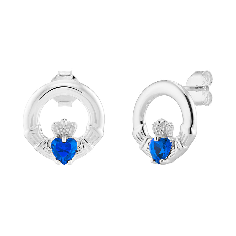 AEON Sterling Silver Claddagh Birthstone Earrings – Celtic Irish Jewelry, Sapphire Blue CZ Heart (September Birthstone)