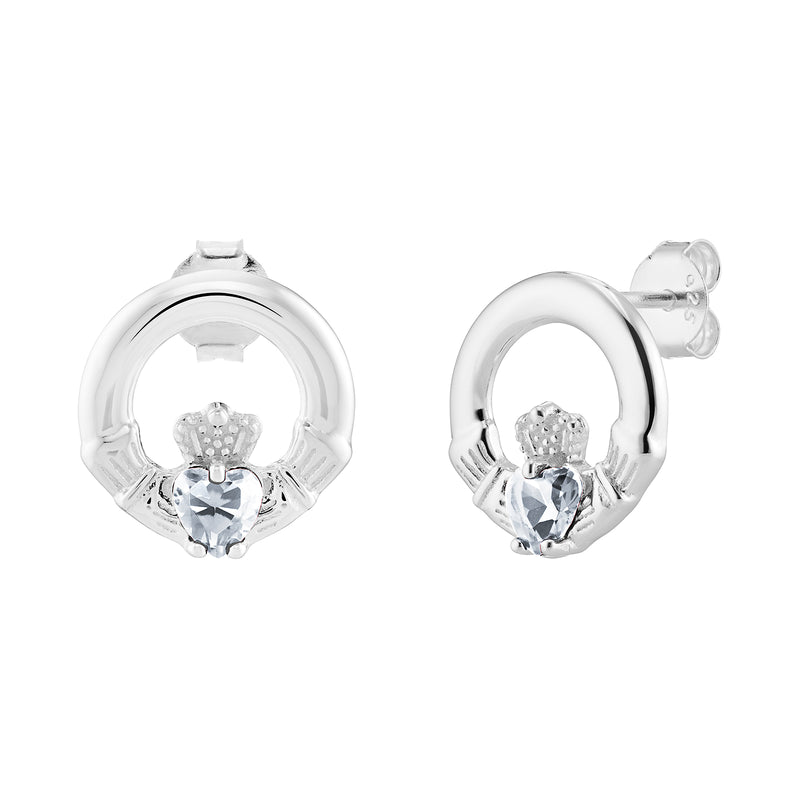 AEON Sterling Silver Claddagh Birthstone Earrings – Celtic Irish Jewelry, White CZ Heart (April Birthstone)