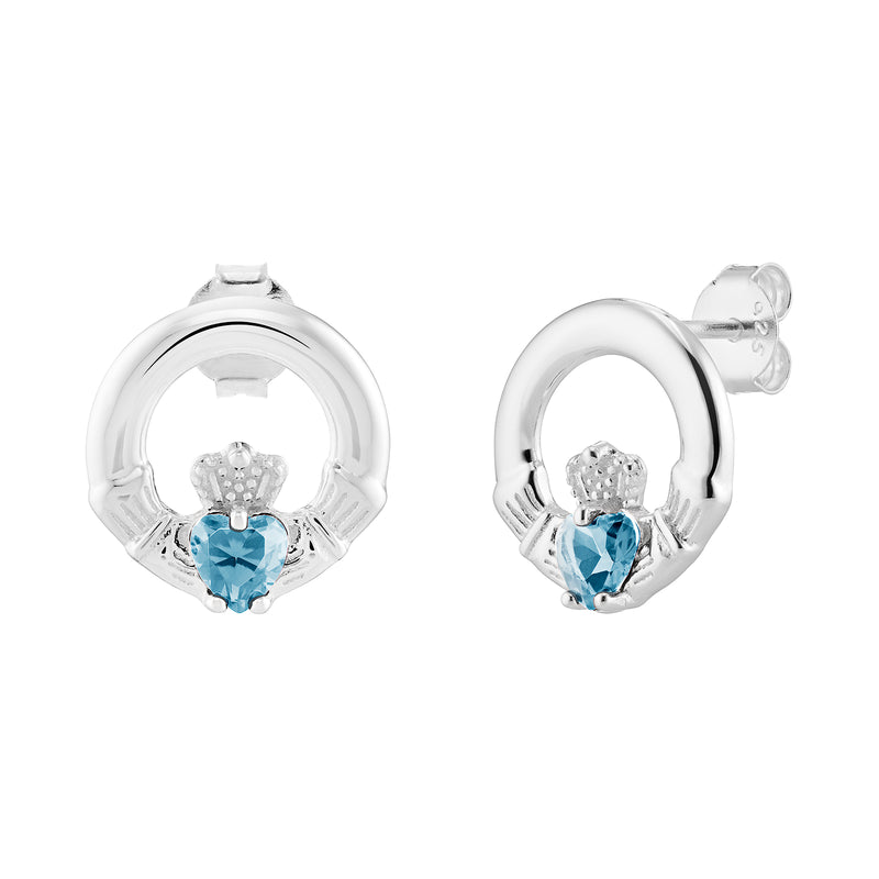 AEON Sterling Silver Claddagh Birthstone Earrings– Celtic Irish Jewelry, aquamarine blue Heart (March Birthstone)