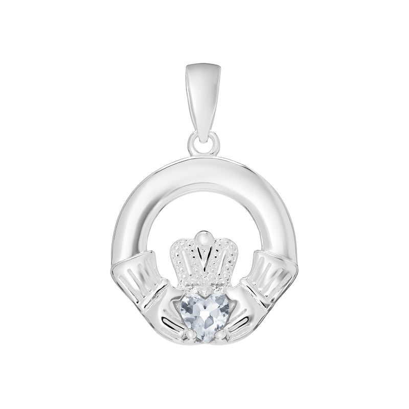 AEON Sterling Silver Claddagh Birthstone Pendant – Celtic Irish Jewelry, Diamond Clear Heart (April Birthstone) – Love, Loyalty, Friendship