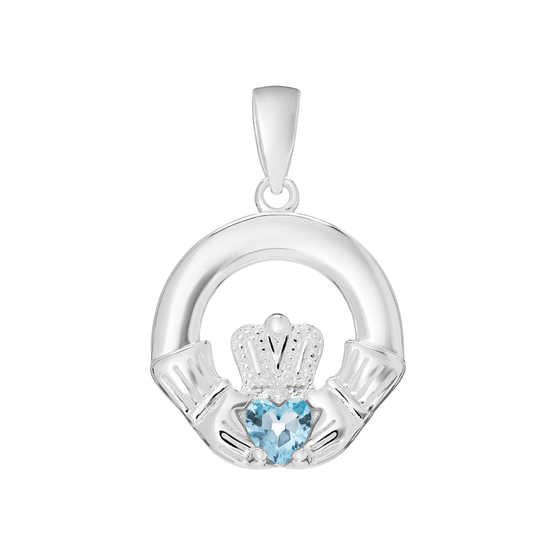 AEON Sterling Silver Claddagh Birthstone Pendant – Celtic Irish Jewelry, Aquamarine Blue Heart (March Birthstone)–Love,Loyalty,Friendship