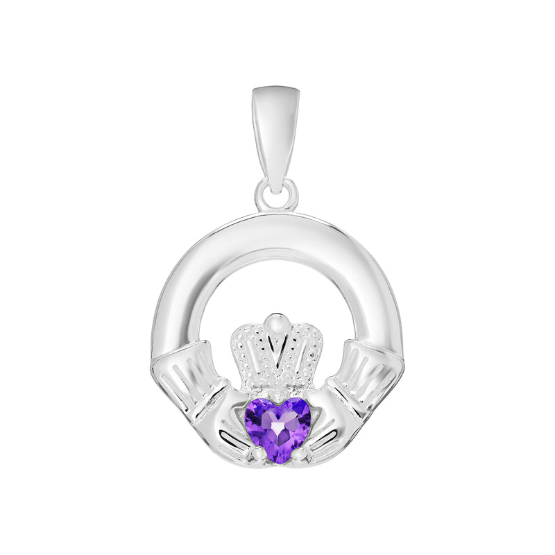 AEON Sterling Silver Claddagh Birthstone Pendant – Celtic Irish Jewelry, Amethyst Purple Heart (February Birthstone)-Love,Loyalty,Friendship