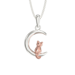Sterling Silver Cat and Moon Necklace Pendant on Adjustable 925 Silver Chain