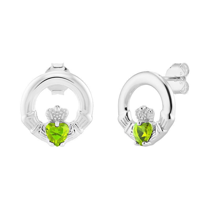 AEON Sterling Silver Claddagh Birthstone Earrings – Celtic Irish Jewelry, Peridot Green CZ Heart (August Birthstone)