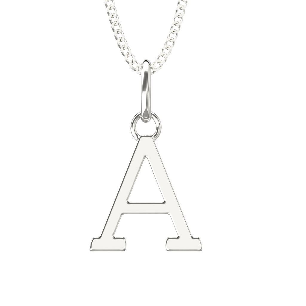 Silver necklace with a letter 'A' pendant on a white background