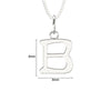 Silver letter 'B' pendant on a chain with dimensions indicated.