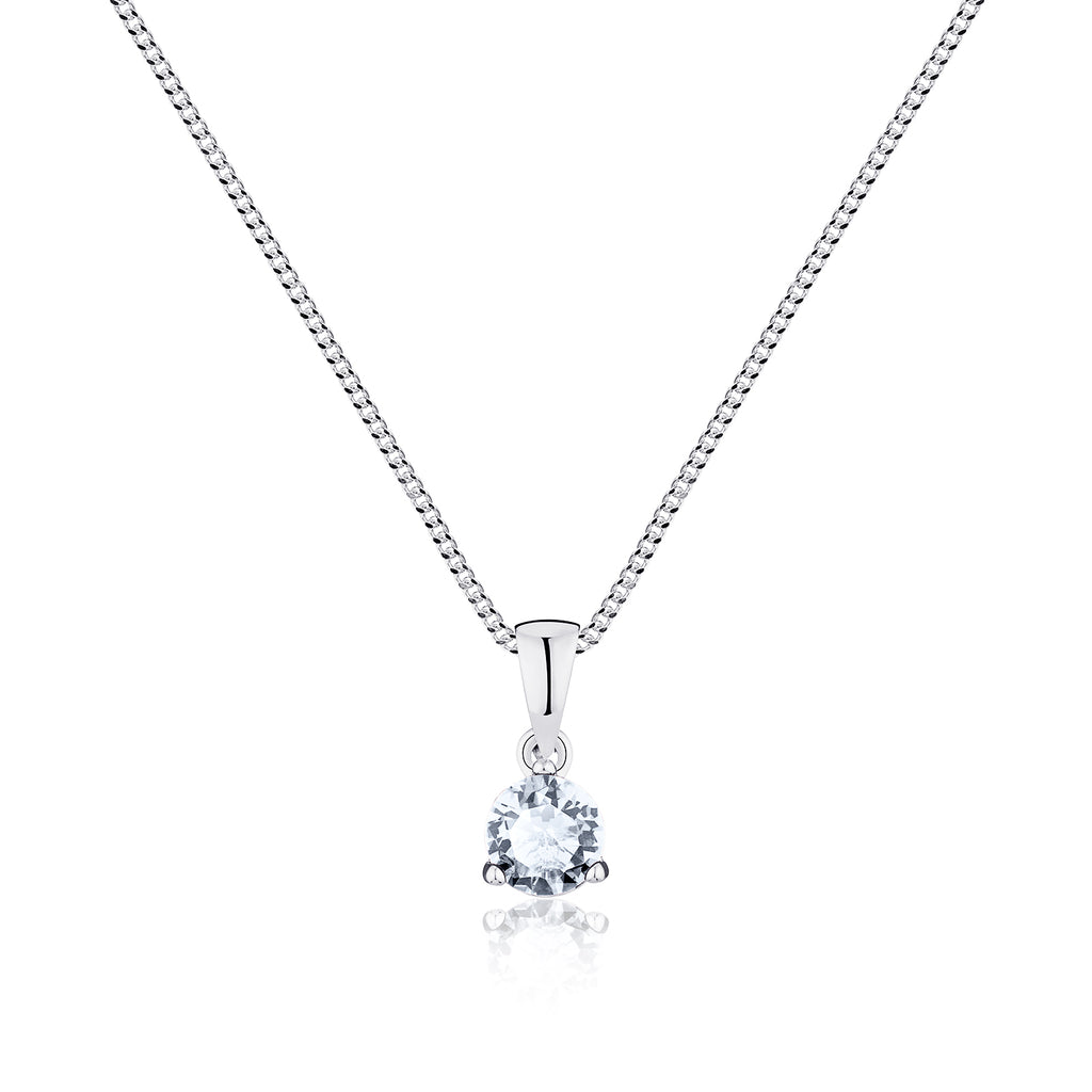 Silver necklace with a teardrop-shaped pendant on a white background