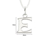 Silver letter 'E' pendant with dimensions on a white background