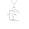 Silver letter 'F' pendant on a chain with dimensions indicated.