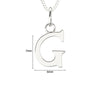 Silver letter 'G' pendant with dimensions on a white background