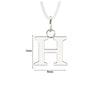 Silver letter 'H' pendant on a chain with measurements on a white background