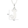 Silver letter 'J' pendant on a chain with measurements on a white background
