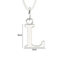 Silver letter 'L' pendant with dimensions on a white background