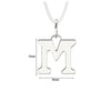 Silver letter 'M' pendant on a chain with dimensions indicated.
