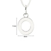 Silver circular pendant on a chain with measurements indicated