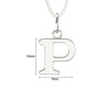 Silver letter 'P' pendant on a chain with measurements indicated.