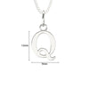 Silver letter 'Q' pendant on a chain with dimensions indicated.