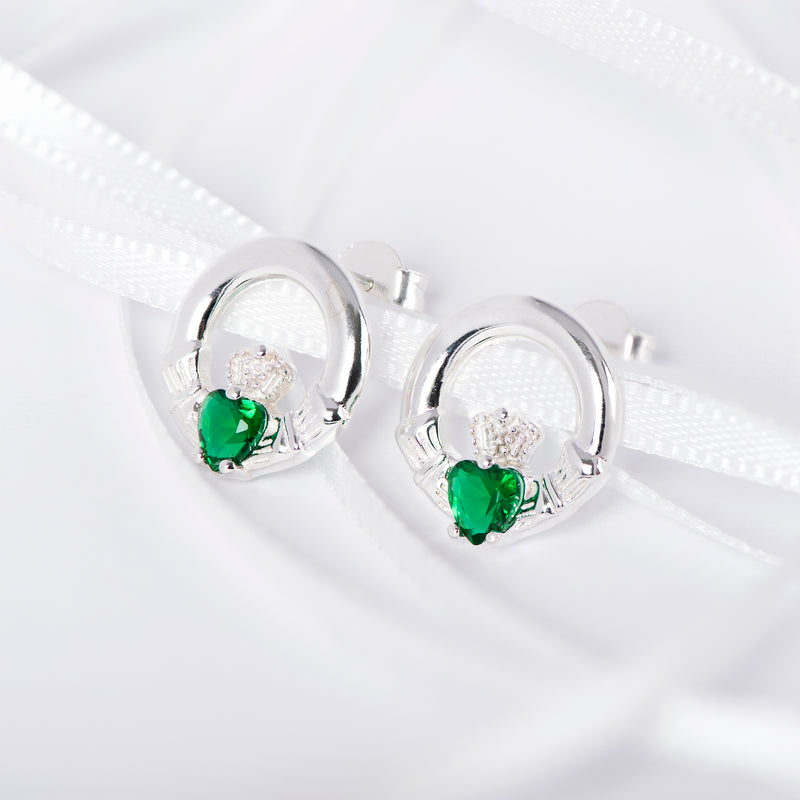 Green Cubic Zirconia Claddagh Drop - Irish, Celtic and Love, Friendship and Loyalty - HypoallergenicSterling Silver , Silver Earrings for Women - 11mm * 11mm