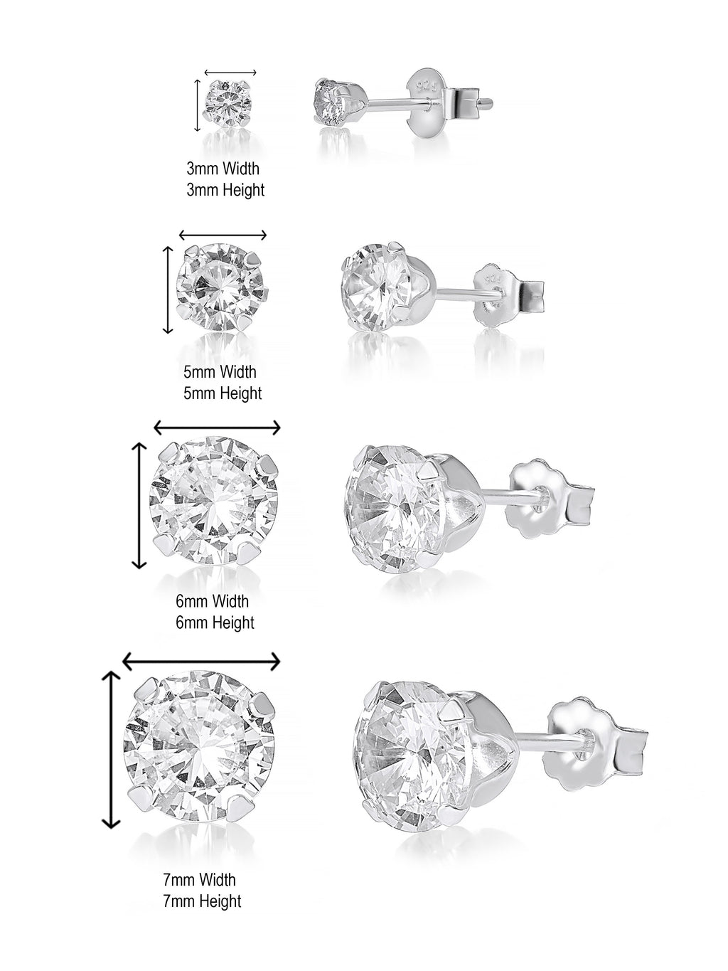 Set of Sterling Silver Cubic Zirconia Stud Earrings - 3mm 5mm 6mm 7mm