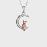 Sterling Silver Cat and Moon Necklace Pendant on Adjustable 925 Silver Chain