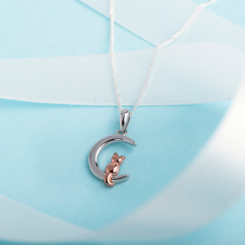Sterling Silver Cat and Moon Necklace Pendant on Adjustable 925 Silver Chain