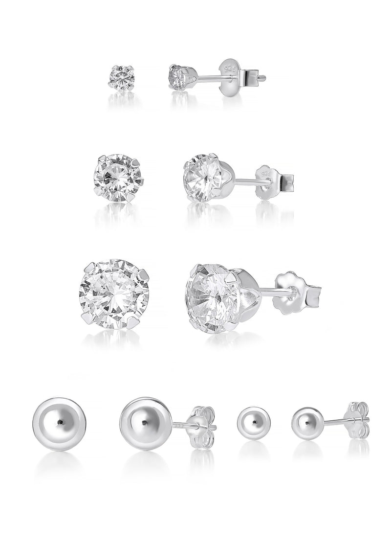 Sterling Silver Cubic Zirconia & Ball Stud Earrings Set - CZ Earrings 3mm 5mm 6mm Ball Stud 3mm & 5mm