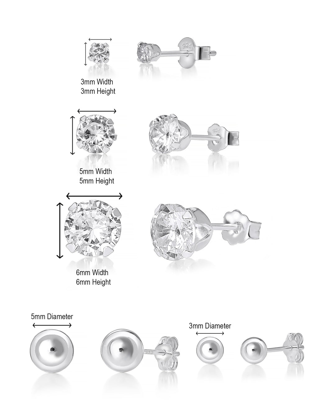 Sterling Silver Cubic Zirconia & Ball Stud Earrings Set - CZ Earrings 3mm 5mm 6mm Ball Stud 3mm & 5mm