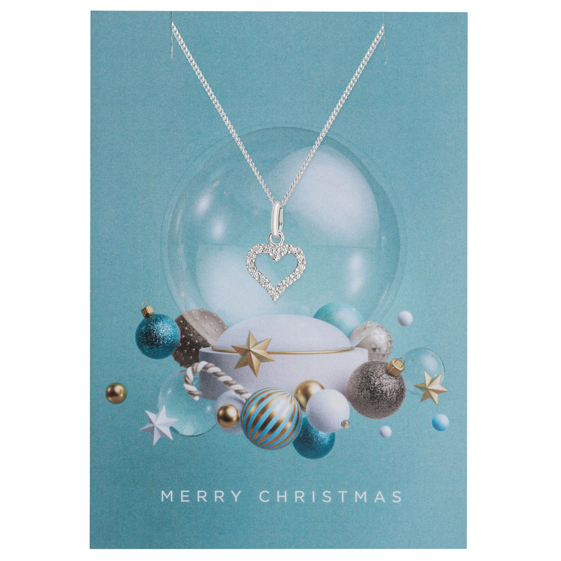 Sterling Silver Jewellery by Aeon Snow Globe Christmas Card Gift With White Cubic Zirconia Heart Pendant.  Christmas Jewellery by Aeon Gift for Women