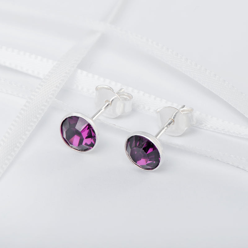 Sterling Silver Birthstone Earrings February Amethyst Swarovski Crystal Stud Earrings for Women & Girls.  Gift Boxed Present