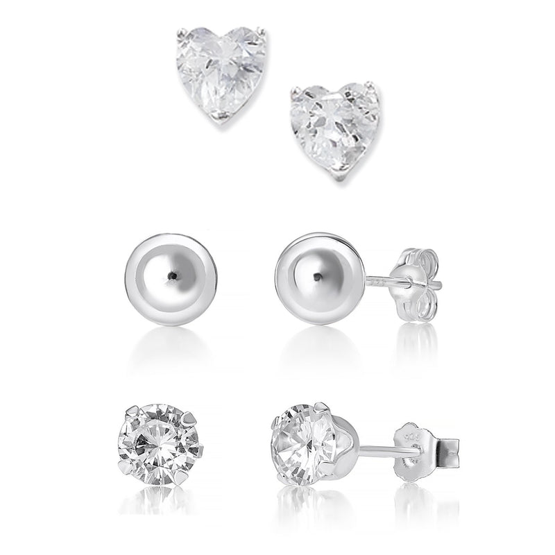 Sterling Silver Stud Earrings Set of 3 Pairs,  Heart Crystal Stud Earrings & Ball Stud Earrings