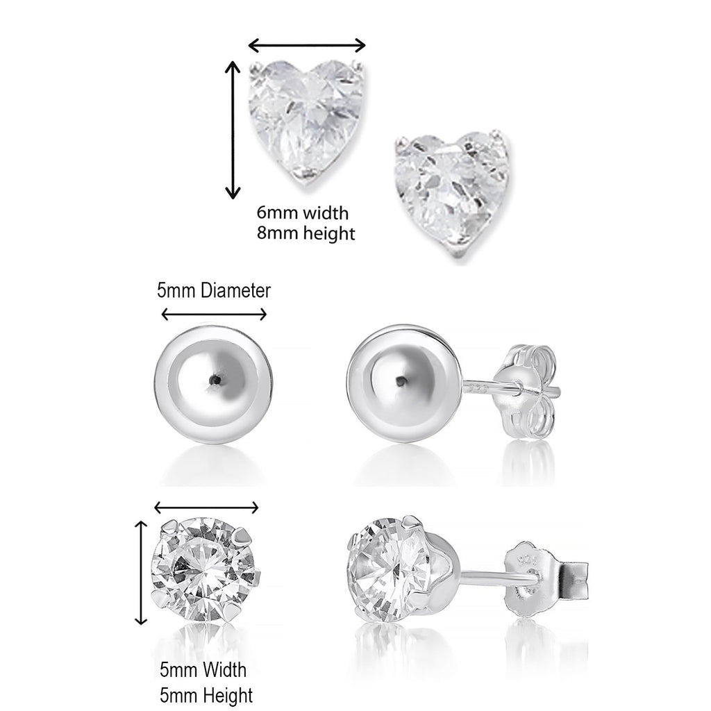 Sterling Silver Stud Earrings Set of 3 Pairs,  Heart Crystal Stud Earrings & Ball Stud Earrings