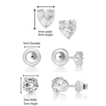 Sterling Silver Stud Earrings Set of 3 Pairs,  Heart Crystal Stud Earrings & Ball Stud Earrings