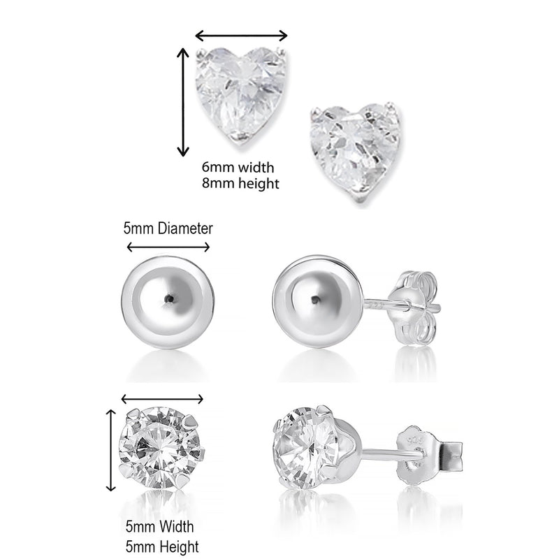 Sterling Silver Stud Earrings Set of 3 Pairs,  Heart Crystal Stud Earrings & Ball Stud Earrings