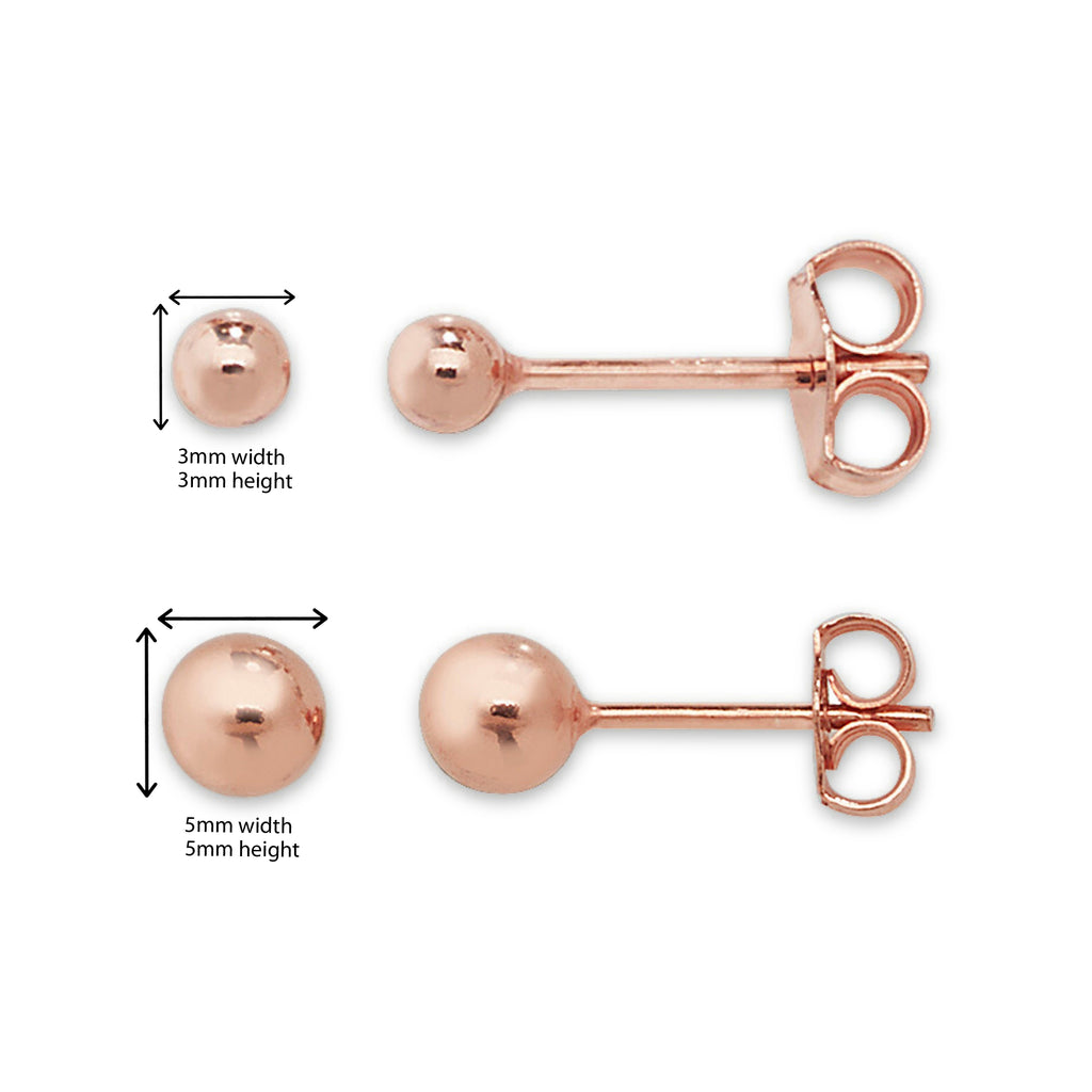 Set of 2 Pairs of Rose Gold Plated 925 Sterling Silver  Round Ball Studs 3mm and 5mm