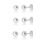 Set of 3 Pairs of 925 Sterling Silver  Round Ball Studs 3mm, 4mm, 5mm