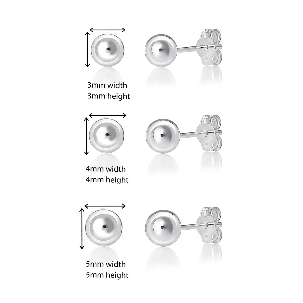 Set of 3 Pairs of 925 Sterling Silver  Round Ball Studs 3mm, 4mm, 5mm
