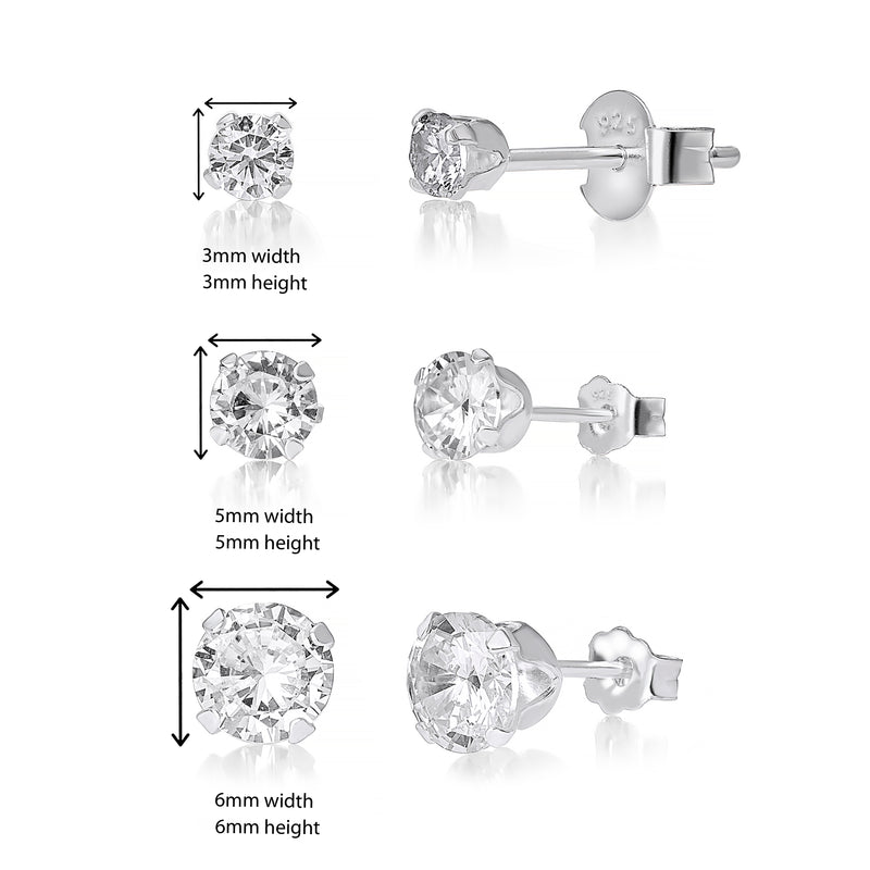 Set of Sterling Silver Cubic Zirconia Stud Earrings - 3mm 5mm 6mm