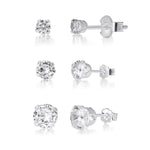 Set of Sterling Silver Cubic Zirconia Stud Earrings - 3mm 5mm 6mm