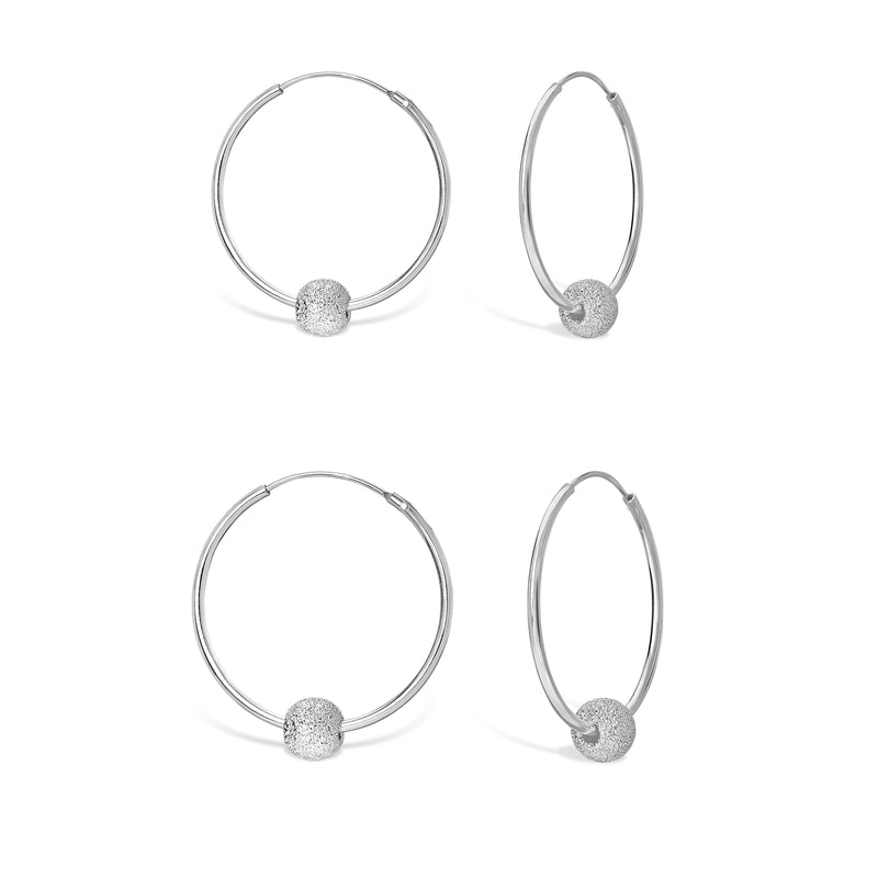 Sterling Silver Frosted Ball Hoop Earrings. Set of Two 20mm and 26mm.  Hypoallergenic Ladies Jewellery by Aeon