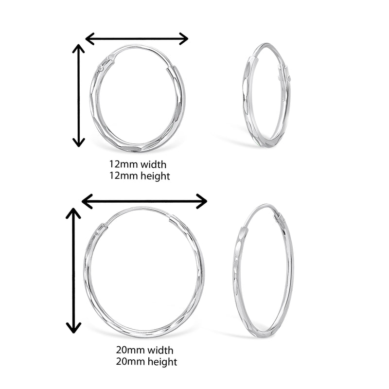 Sterling Silver Diamon Cut Hoop Earrings Set of Two 12mm and 20mm.  Hypoallergenic Ladies Jewellery by Aeon