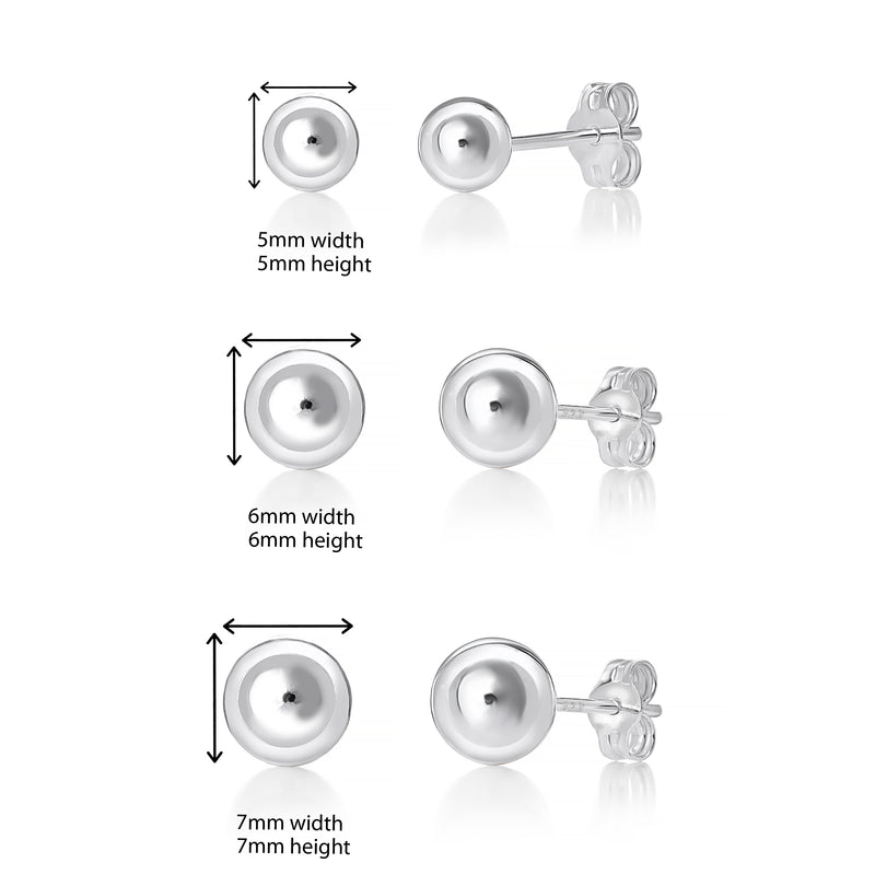 Set of 3 Pairs of 925 Sterling Silver  Round Ball Studs 5mm, 6mm, 7mm