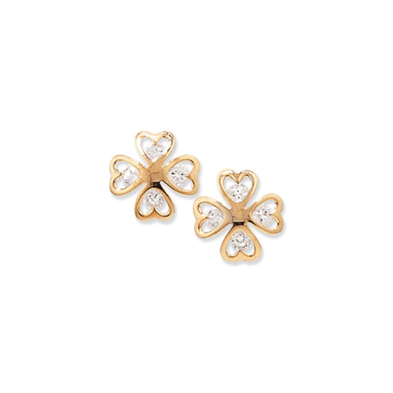 9ct Gold Shamrock Stud Earrings with Cubic Zirconia - Hypoallergenic 9ct Gold Jewellery for Ladies - 10mm * 10mm